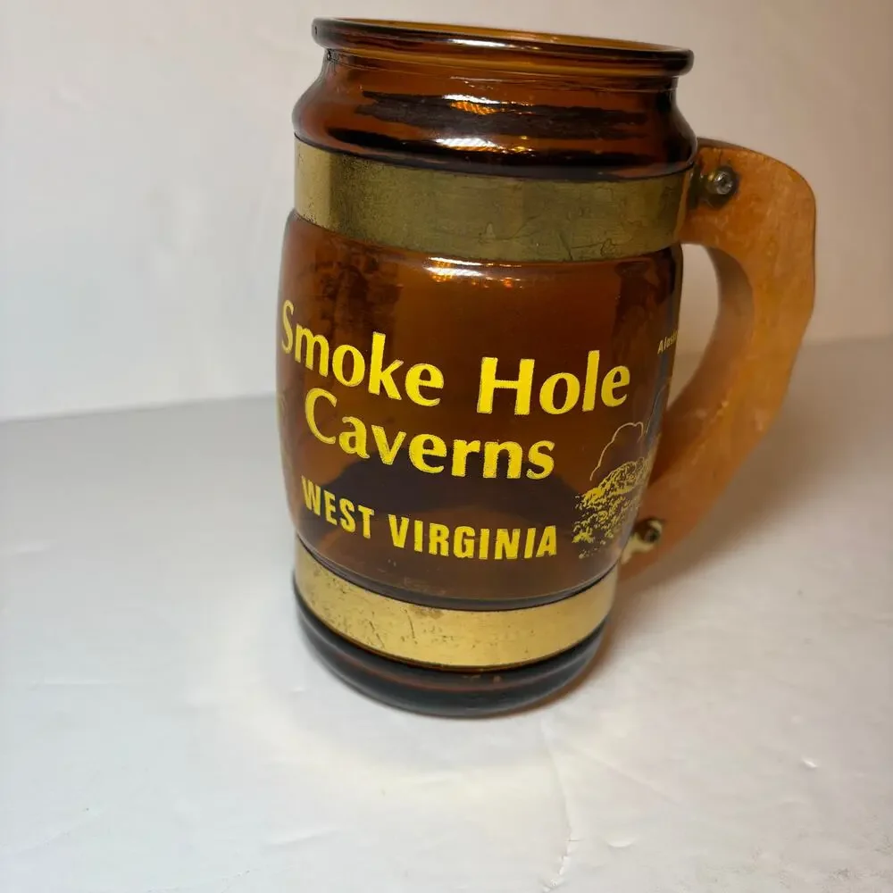 Vintage Smoke Hold Caverns West Virginia Souvenir Brown Glass Barrel Mug Wood